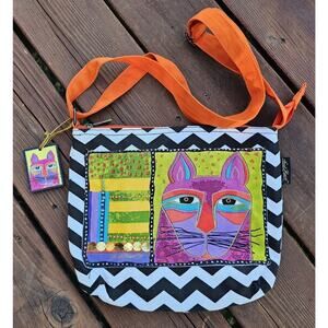 Laurel Burch Beaded Cat Adjustable Canvas Crossbody Bag Tote Painted Art 12"x10"
